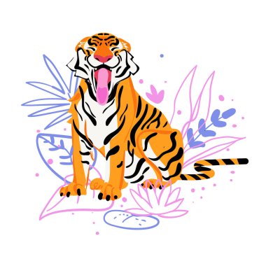 Beyaz arka planda izole edilmiş dekoratif palmiye yaprakları olan mutlu kaplan oturma pozu. Çin zodyak kaplanı sembolü. Düz biçim komik vektör illüstrasyonu.