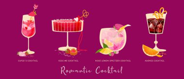 Sevgililer Günü, Anneler Günü, Kadınlar Günü için dört kokteyl vektörü belirlendi. Turunçgil, ahududu, çilek, votka, şampanya, şeri, viski ile romantik alkollü içecekler. Parti için gereken her şey.