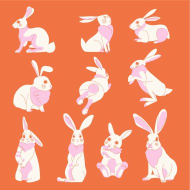 Beyaz tavşan vektörü kırmızı zemin üzerinde çeşitli pozlarda ayarlandı. Asgari modern biçim illüstrasyonunda hayvan karakteri