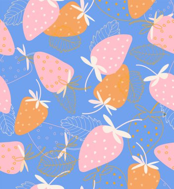 Mavi arka planda pembemsi çilek deseni. Markalaşma, paket, kumaş ve tekstil için meyve özeti, ambalaj kağıdı