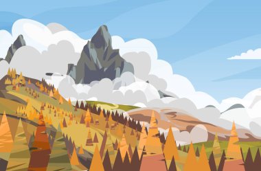 Sonbahar vektör manzaralı dağlar mavi bulutlu bir arka planda. Web tasarımı gelişimi için vektör tasarımı çizimi, doğal manzara grafikleri. Düz biçim vektörü