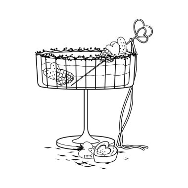 Ahududu ve köpüklü viski kokteylinden öp beni. Sevgililer Günü kadınları, beyaz arka planda izole edilmiş, ana hatlarıyla çizilmiş, romantik içki çizgileri çizerler. Yaz tatili partisi