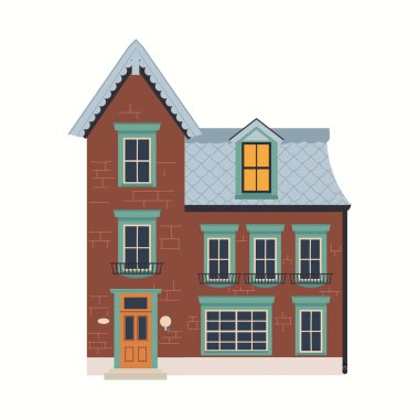 Kırmızı tuğlalı ev vektörü. Kır evi cephesi, şehir kır evi, bina modern mimari daire, beyaz arka planda izole edilmiş.