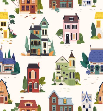 Kır evleri kusursuz vektör desenli. Renkli malikaneleri, binaları, ağaçları, çalıları olan bir geçmiş. Tekrarlanabilir düz çizim tekstil baskısı, kapak, duvar kağıdı, ambalaj kağıdı