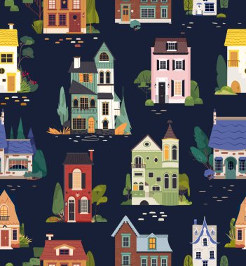 Kır evleri kusursuz vektör desenli. Koyu mavi arka plan, renkli konaklar, bina, ağaçlar, çalılar. Tekrarlanabilir düz çizim tekstil baskısı, kapak, duvar kağıdı, ambalaj kağıdı
