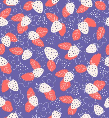 Çilek vektör deseni çok perili arka planda. Tasarım, kumaş, ambalaj, duvar kağıdı, tekstil için yaz arkaplanı yazdır