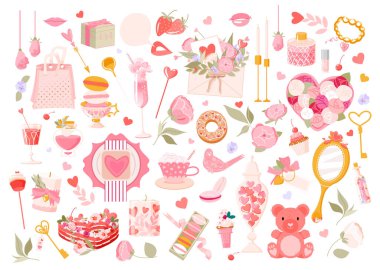 Sevgililer Günü için bir dizi romantik unsur. Hediye, kalp, şişe, öpücük, anahtar, gül, şeker ve diğerleri için kart, planlayıcı, notlar ve davetiye. Yapıştırma düz çizgi film tarzı. Romantik şirin illüstrasyon