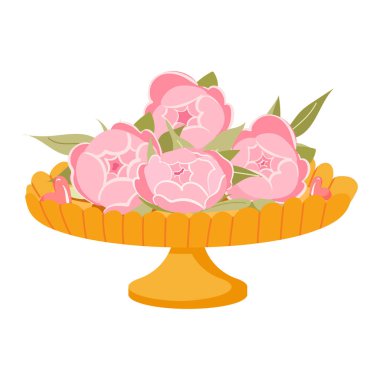 Beyaz arka planda yalıtılmış şakayık çiçeği tomurcuğu olan pasta standı. Düz çizim. Sevgililer günün kutlu olsun.