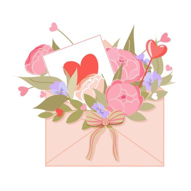 İlkbahar, yaz ya da aşk dolu romantik bir mektup. Sevimli bir zarf. Beyaz arka planda izole edilmiş. Çiçekli, dallı, yapraklı, yay ve kalple vektör çizimi. Sevgililer günün kutlu olsun.