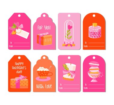 Sevgililer günü hediye etiketleri. Mektup, kalp, cam şapka, şeker, parfüm. Mevcut kutu, Cup Latte ve Candle in Red, Pink, Orange. Tatil kutlamaları ve hediyeler için mükemmel bir düz illüstrasyon.