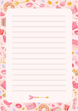 Yazmak için sayfa, pembe arkaplanda romantik unsurlar olan notlar. Şirin vektör çerçevesi. Liste yapmak için. Sevgililer günü kartı ya da düğün kartı için vektör tasarımı. Tatil düz stil illüstrasyonu