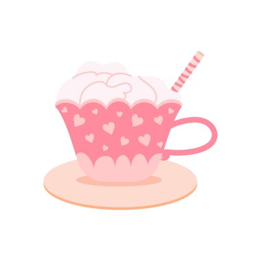 Beyaz arka planda izole edilmiş pembe latte kahve fincanı. Sevgililer Günü elementi. Düz vektör. Defterler, posterler, tebrik kartları, afişler, hediyeler, gömlekler, kupalar veya diğer hediyeler için iyidir.