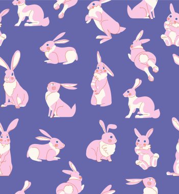 Mor arka planda şirin pembe tavşancık vektörsüz desen. Tavşan arkaplanı yazdır, çocuklar tekstil yazdır