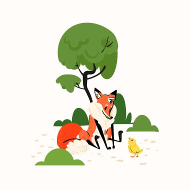 Şirin kızıl tilki ormanda sarı piliçle oynuyor. Beyaz arka planda izole edilmiş. Vektör hayvan karakteri İllüstrasyonu