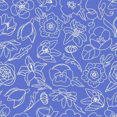 Vektör hatları bahar çiçekleri pürüzsüz desen oluşturuyor. Kumaş ya da duvar kağıdı, ambalaj kağıdı ve kapak için mavi arka planda stilize edilmiş çiçek. Bej arkaplanda basit bir botanik çizimi