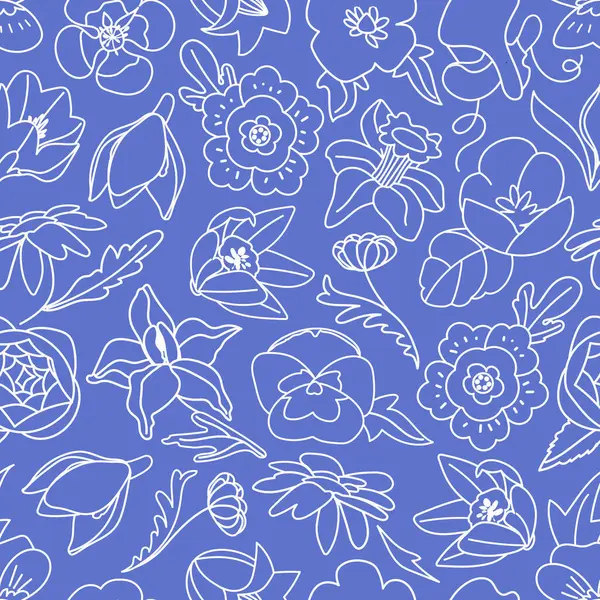 Vektör hatları bahar çiçekleri pürüzsüz desen oluşturuyor. Kumaş ya da duvar kağıdı, ambalaj kağıdı ve kapak için mavi arka planda stilize edilmiş çiçek. Bej arkaplanda basit bir botanik çizimi