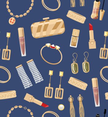 Moda aksesuarları kusursuz. Kolye, kozmetik, bilezik, küpe ve debriyaj çantalı mücevher altın aksesuarlarının düz stil çizimleri. Moda pahalı kadın koleksiyonu