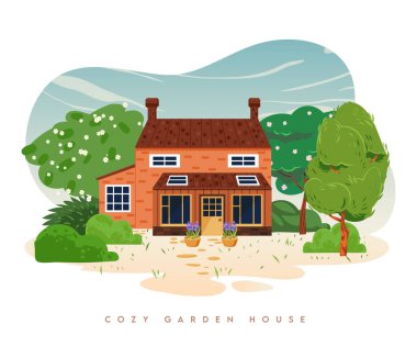Bahçedeki şirin ev. Kırsal kesimde bir çiftlik. Ağaçların arasında bir kulübe. Spring Cartoon düz biçim vektör çizimi