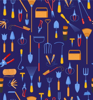 Bahçe aracı kusursuz vektör deseni. Bahar baharı ekipman küreği, kürek, tırmık, çapa, yaba, budama, makas, fırça, kutu, süpürge mavi arka planda.