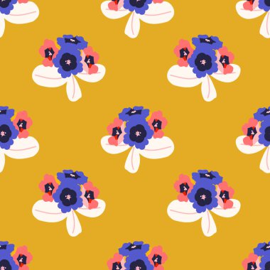 Sarı arka plan vektöründe bahar primula pürüzsüz desen. Baskı, kumaş, masa örtüsü, ambalaj kağıdı, duvar kağıdı, tekstil, kapak, tebrik kartı