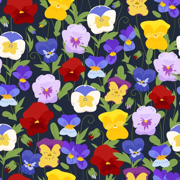 カラフルなヴィオラパニーフラワーメドウシームレスパターン ファッション 印刷物のためのかわいい庭の野生植物の背景 畑にはたくさんの花が咲いています リバティスタイル — ストックベクタ