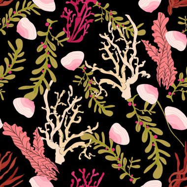 Siyah arka planda mercan polipleri ve yosunsuz vektör deseni. Yosun laminaria yosunları deniz resifi doğa çizimi. Sualtı bitkileri kumaş, tekstil, duvar kağıdı veya ambalaj kağıdı için baskı yaparlar.