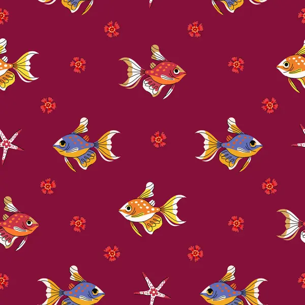 レッドバックの海魚ゴールデンテトラのシームレスなパターン 布の設計 ティッシュ 包むペーパーのためのオレンジおよび青い熱帯の海の魚のベクターのイラスト — ストックベクタ