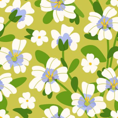 Brahmi çiçeği, bitki ve yapraklarla kusursuz desen. Baskı, kumaş, masa örtüsü, ambalaj kağıdı, duvar kağıdı, tekstil için Bacopa Monnieri bahar vektör arka planı. Hint penisi.