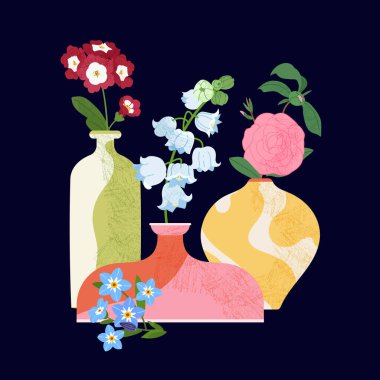 Vazo vektör bileşiminde bahar çiçeği buketi. Çıkartmalar, kartlar, kapaklar, duvar kağıtları, posterler için son moda bitkiler