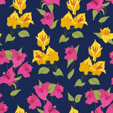 Bougainvillea kusursuz desenli vektör beyaz çiçekler, pembe ve yeşil yapraklar. Çiçekli bougainvillea dalları ve sarmaşıkları, egzotik tropikal bitkilerin çiçekleri.