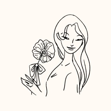 Elinde çiçek tutan bir kadın. Çizgi sanatı el çizimi biçim vektörü kadın karakter çizimi
