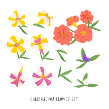 Summer calibrachoa petunia yellow, pink and orange flowers set on white background. Spring vector illustration for print, fabric, tablecloth, wrapping paper, wallpaper, textile