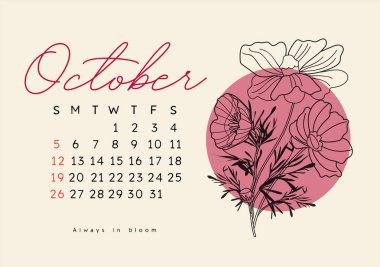 Ekim 2025 için sonbahar kozmos çiçeğiyle birlikte yatay takvim sayfası. Bej arka planda izole edilmiş. Hafta pazar günü başlıyor. Vektör illüstrasyon çizgisi sanat biçimi