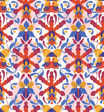 Tropik orkide çiçekleri kusursuz desenli taşıyıcı. Duvar kağıdı, tekstil, kumaş, ambalaj kağıdı, kapak, kart, poster için klasik egzotik simetrik el çizimi.