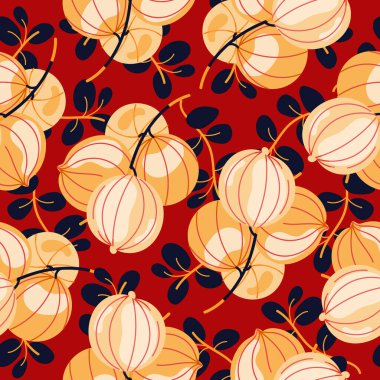 Seamless pattern of ballonrebe with black leaves on a red background. Nature-inspired Floral design for print, fabric, tablecloth, wrapping paper, wallpaper, textile, cover, card clipart