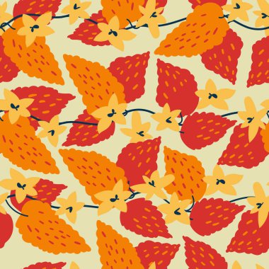 Soyut kırmızı, turuncu yapraklar ve dikişsiz desenler. Kağıt, kapak, kumaş, iç dekorasyon ve tekstil için Modern Sanat koyu arkaplan