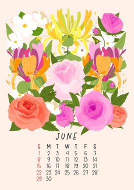 Tatlı yaz gülleri, hanımeli çiçekleri ve yapraklarıyla 2025 Haziran ayı için dikey sayfa takvimi. Hafta pazar günü başlıyor. Vektör illüstrasyonu düz biçimi