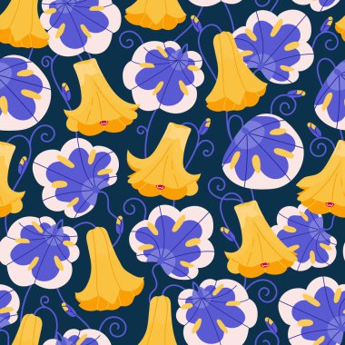 Copihue, Chilean bellflower seamless floral pattern. Vector garden plant blue background for wallpaper, textile, fabric, wrapping paper, cover, card, poster, tablecloth clipart