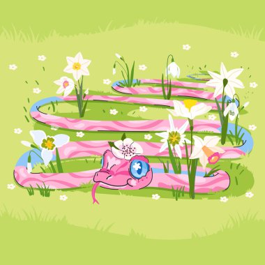 Yeşil arka planda narsis çiçeği ve sakura ile bahar pembe yılanı. Yılın sembolü oldu. Bahçe Vektörü çizimi şirin çizgi film sihirbazı sürüngen yaratık