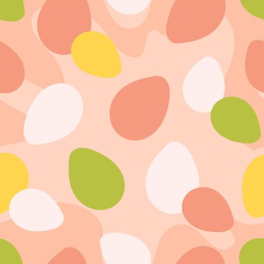 Parlak ve neşeli Paskalya yumurtası pürüzsüz desenli yumuşak pastel bir arka plan süsler. Dekor, kumaş, tekstil ve ambalaj kağıdı, duvar kağıdı, kapak, kart için bahar festivali tasarımı