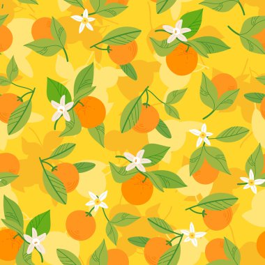 Pürüzsüz mandalina deseni ve parlak sarı arka planda narin beyaz çiçekler. Kumaş, tekstil ve ambalaj kağıdı, duvar kağıdı, kapak, kart için mükemmel.