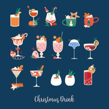 Sıcak kakao, kahve, çay ve şenlikli kokteyller de dahil olmak üzere bir dizi Noel içeceğinin temsili. Baston şekerler, krem şanti ve mevsimlik süslerle süslenmiş. Mevsimlik menüler, davetiyeler ve tatil için mükemmel.