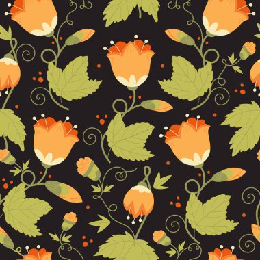 Şık, pürüzsüz çiçek deseni. Siyah arka planda büyük turuncu çiçeklerin dekoratif stili. Kumaş, tekstil ve ambalaj kağıdı, duvar kağıdı, kapak, kart için soyut botanik dikişsiz baskı tasarımı