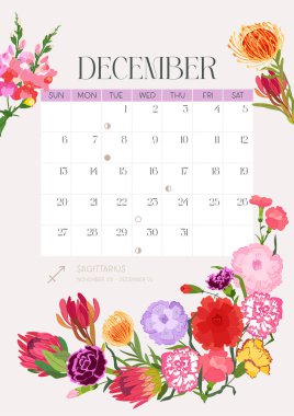 Aralık 2026 için karanfil, protea çiçeği ve yapraklarla dikey sayfa çiçek takvimi. Tatil günü. Hafta pazar günü başlıyor. Vektör zodyak çizim düz çizgi film biçimi