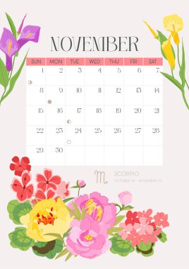 Kasım 2026 için dikey sayfa takvimi. Güzel bir sonbahar sardunyası, şakayık çiçekleri ve yaprakları var. Hafta pazar günü başlıyor. Vektör zodyak çizim düz çizgi film biçimi