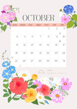 Ekim 2026 için dikey sayfa takvimi. Güzel sonbahar gülleri, kozmoslar ve sabah çiçekleri ve yapraklarıyla. Hafta pazar günü başlıyor. Vektör zodyak çizim düz çizgi film biçimi