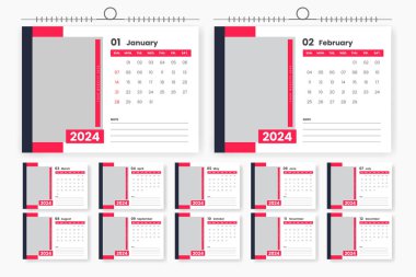 2024 masa takvimi tasarım şablonu, 12 sayfalık tablo takvimi