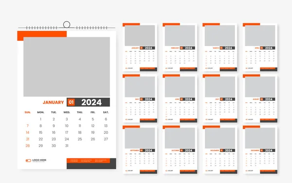 2024 Desain Kalender Dinding Halaman Desain Templat Kalender - Stok Vektor