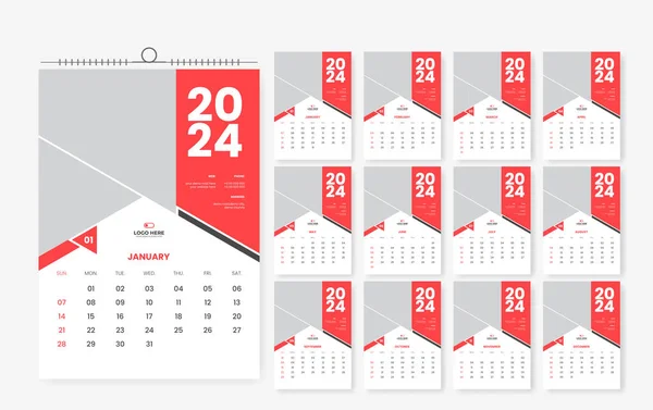 2024 Diseño Calendario Pared Diseño Plantilla Calendario Pared Páginas — Vector de stock