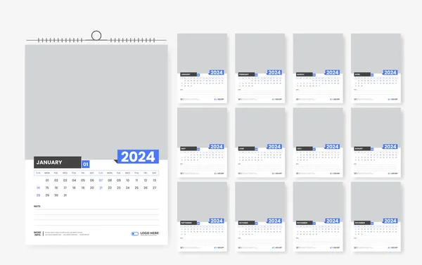2024 Duvar Takvimi Tasarımı Sayfa Duvar Takvimi Şablonu Tasarımı — Stok Vektör